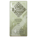Ritual Chocolate Fleur de Sel bar in a sage green box with silver diamond logo, reading Dark Chocolate with Sea Salt, 70% Cacao.
