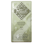 Ritual Chocolate Fleur de Sel bar in a sage green box with silver diamond logo, reading Dark Chocolate with Sea Salt, 70% Cacao.