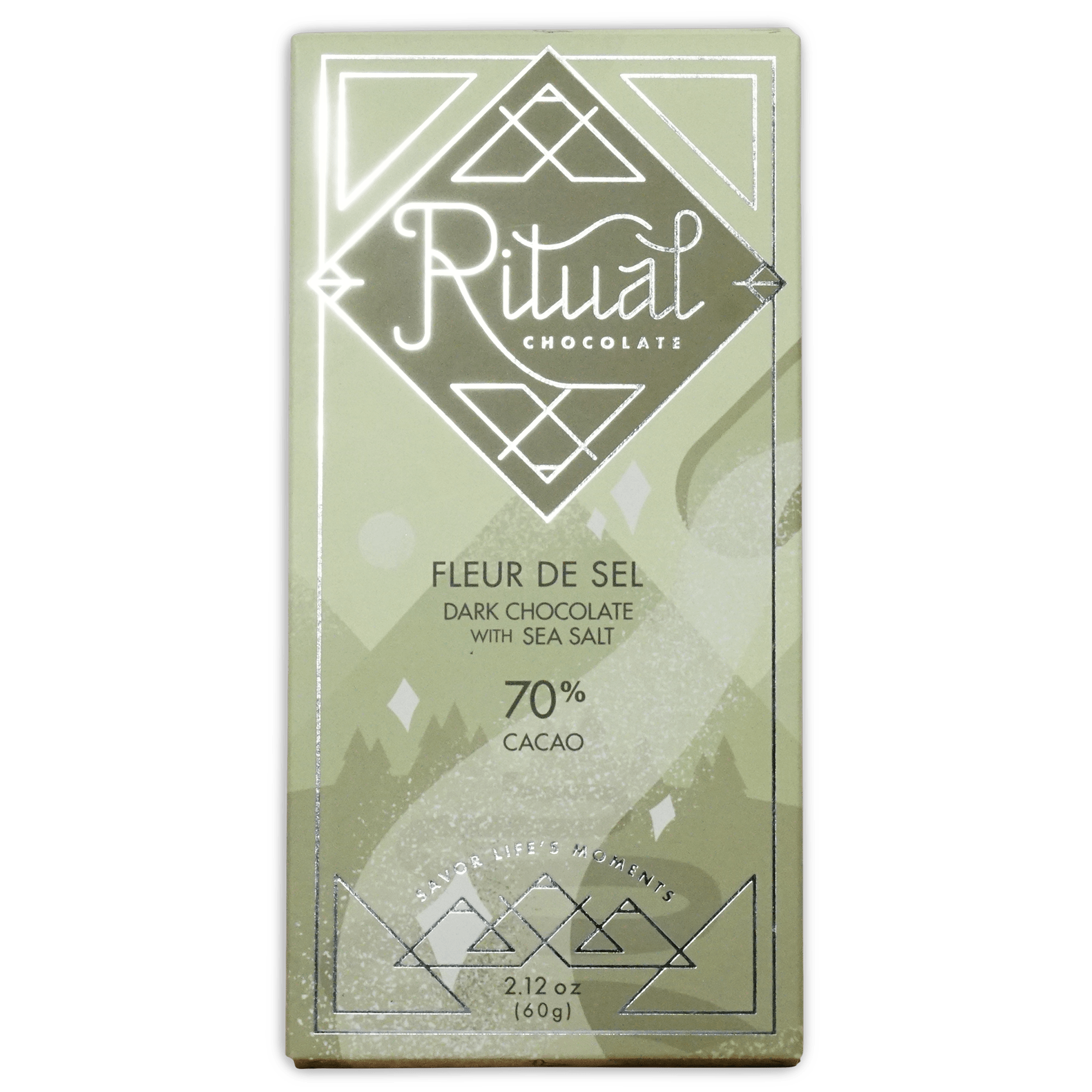 Ritual Chocolate Fleur de Sel bar in a sage green box with silver diamond logo, reading Dark Chocolate with Sea Salt, 70% Cacao.