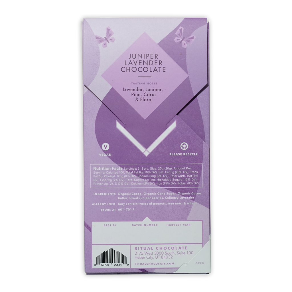 Ritual Juniper Lavender 70% chocolate bar, purple white package