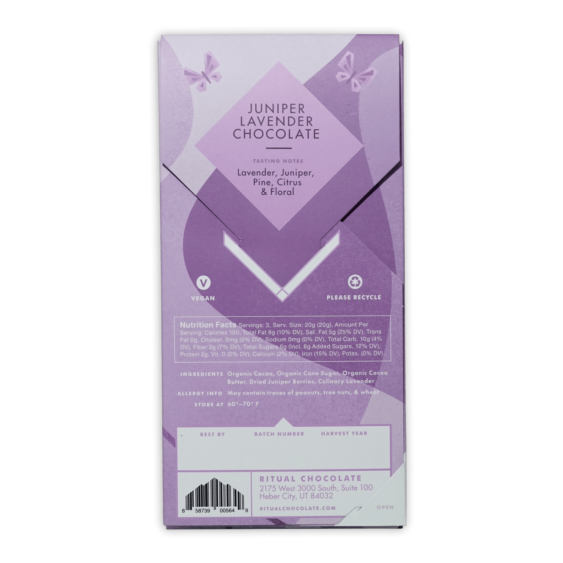Ritual Juniper Lavender 70% chocolate bar, purple white package