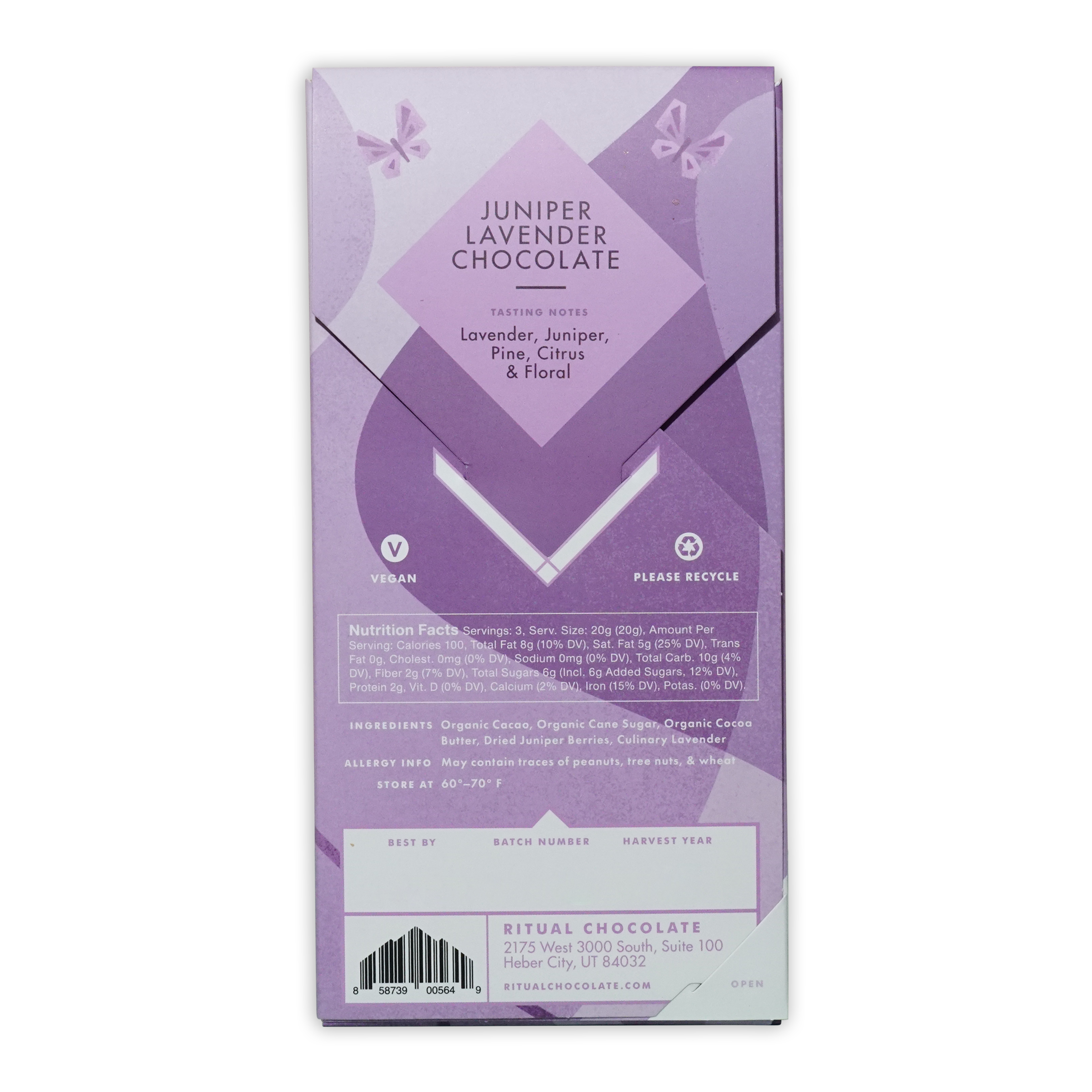 Ritual Juniper Lavender 70% chocolate bar, purple white package
