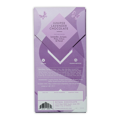 Ritual Juniper Lavender 70% chocolate bar, purple white package