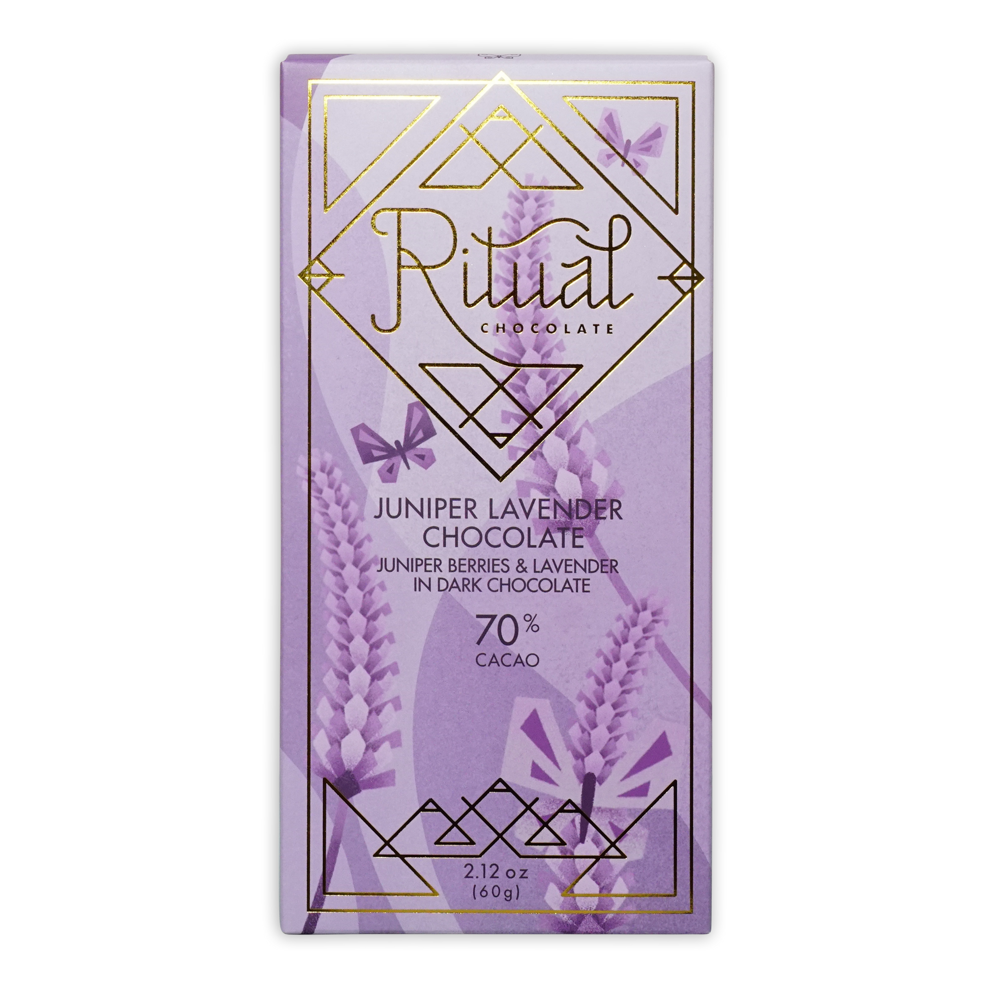 Ritual Juniper Lavender 70% chocolate bar with gold accents