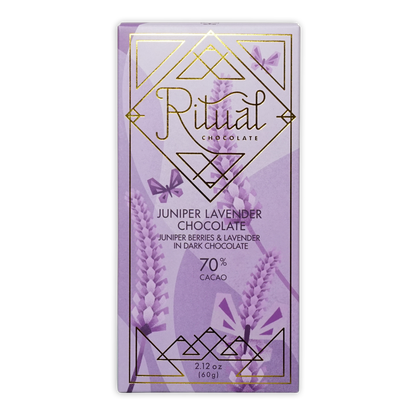 Ritual Juniper Lavender 70% chocolate bar with gold accents