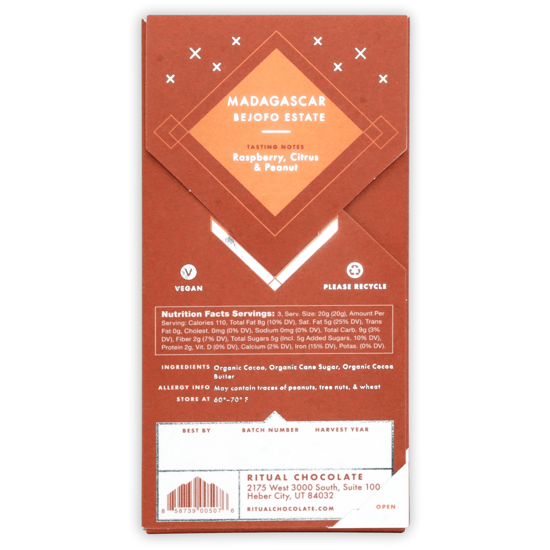 Ritual Madagascar 75% matte orange bar wrapper with geometric white crosshatch and Bejopo Estate cocoa text
