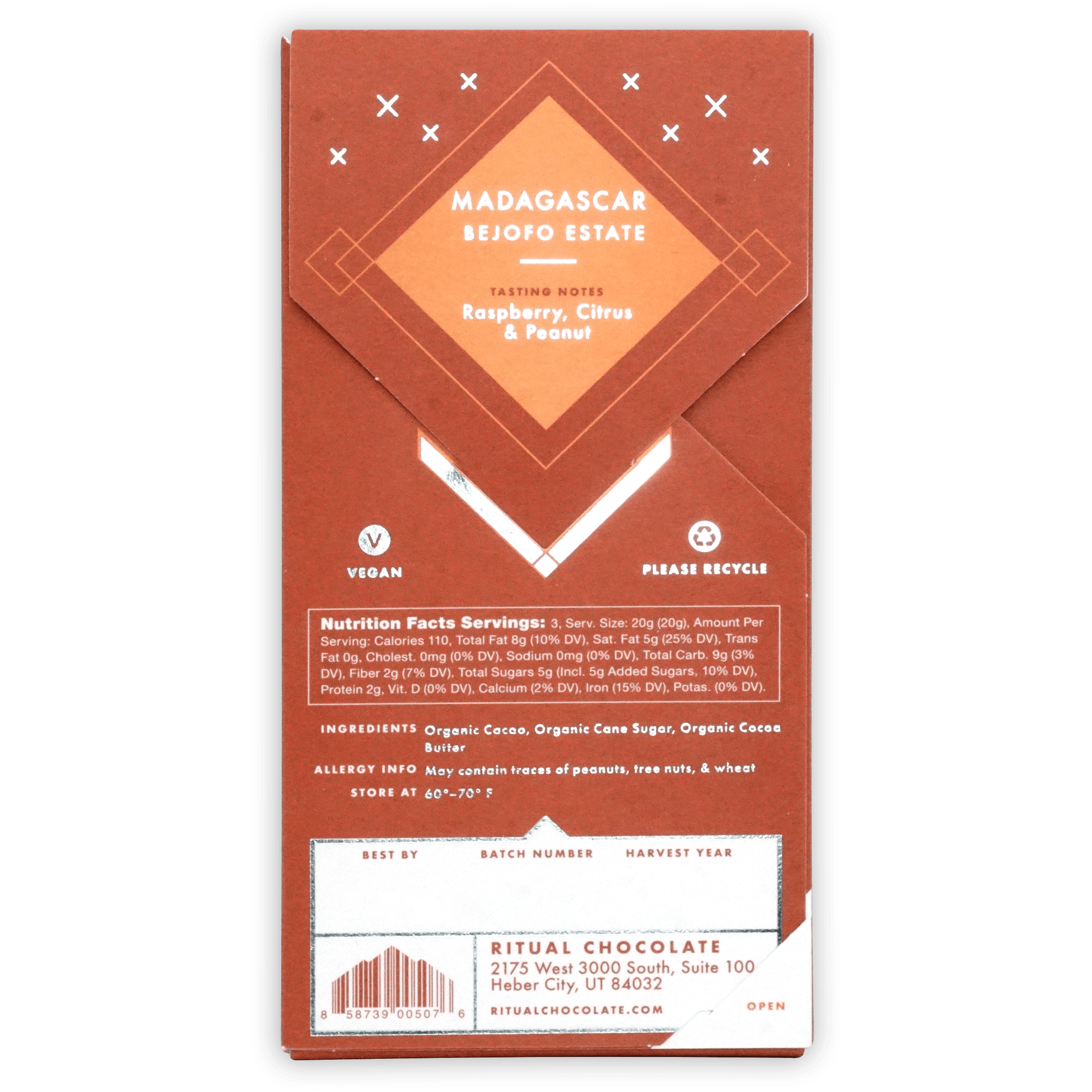 Ritual Madagascar 75% matte orange bar wrapper with geometric white crosshatch and Bejopo Estate cocoa text