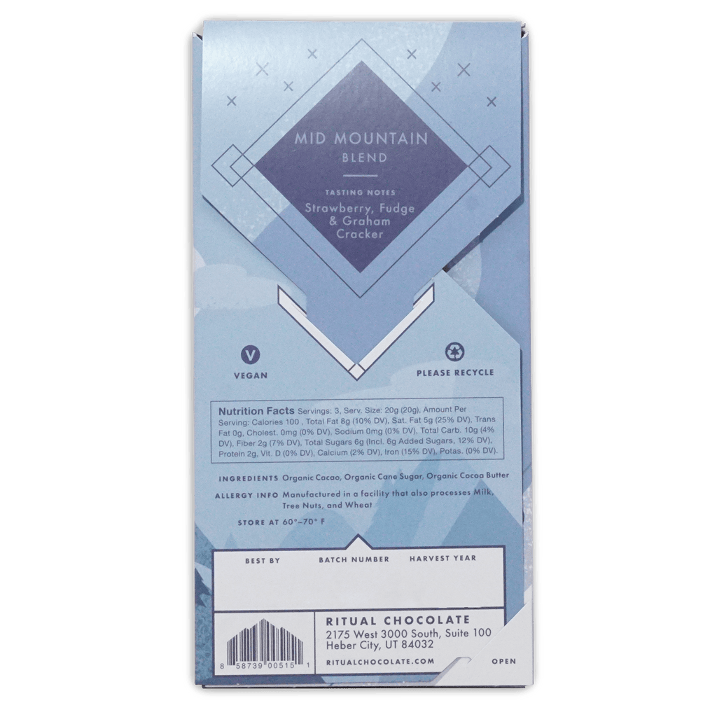 Back of Ritual Mid Mountain Blend box, blue design with tasting notes, vegan mark, nutrition facts and barcode