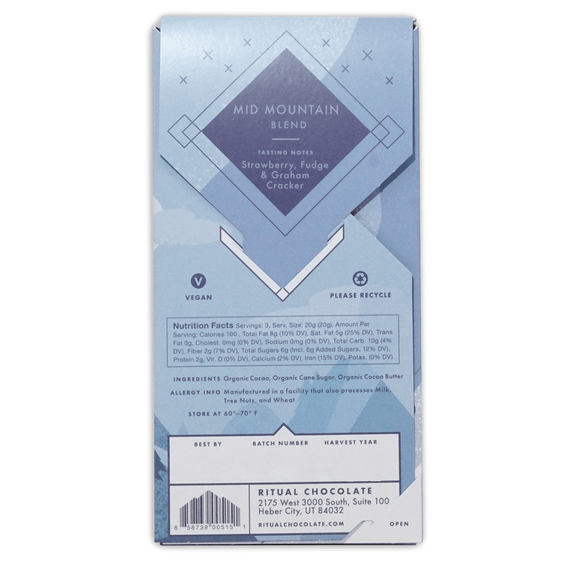 Back of Ritual Mid Mountain Blend box, blue design with tasting notes, vegan mark, nutrition facts and barcode