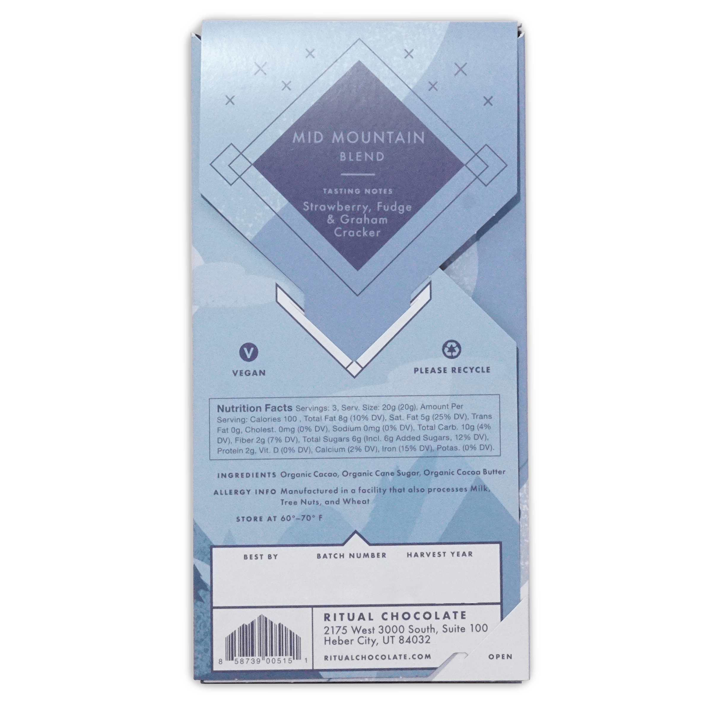 Back of Ritual Mid Mountain Blend box, blue design with tasting notes, vegan mark, nutrition facts and barcode