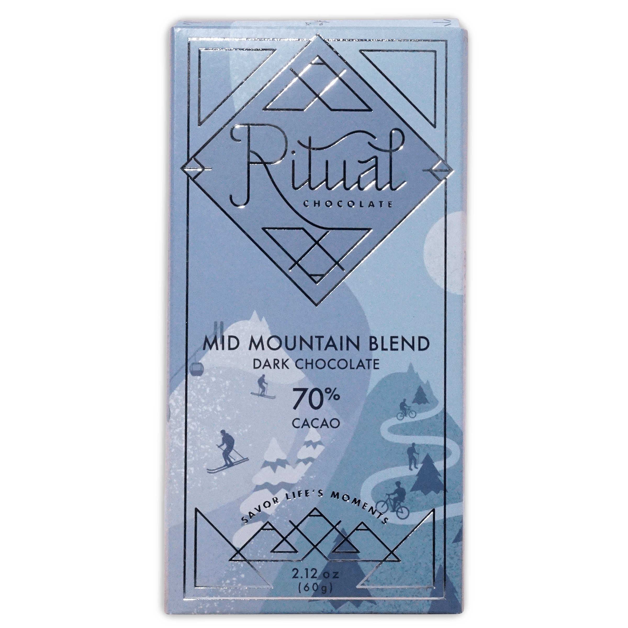 Ritual Chocolate Mid Mountain Blend box, pale blue mountain scene, dark chocolate 70% cacao, 2.12 oz