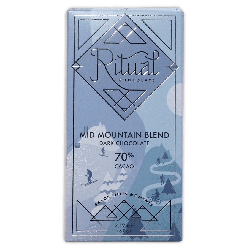 Ritual Chocolate Mid Mountain Blend box, pale blue mountain scene, dark chocolate 70% cacao, 2.12 oz