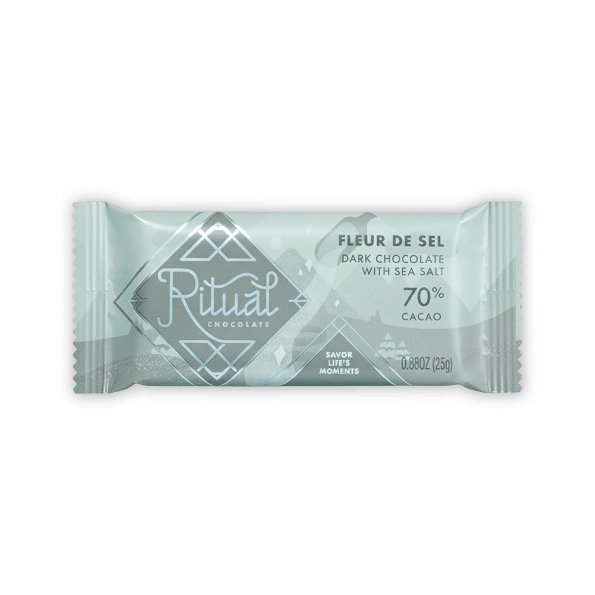 Ritual Mini Bars Fleur de Sel: sleek mint-green wrapped sea salt dark chocolate bar