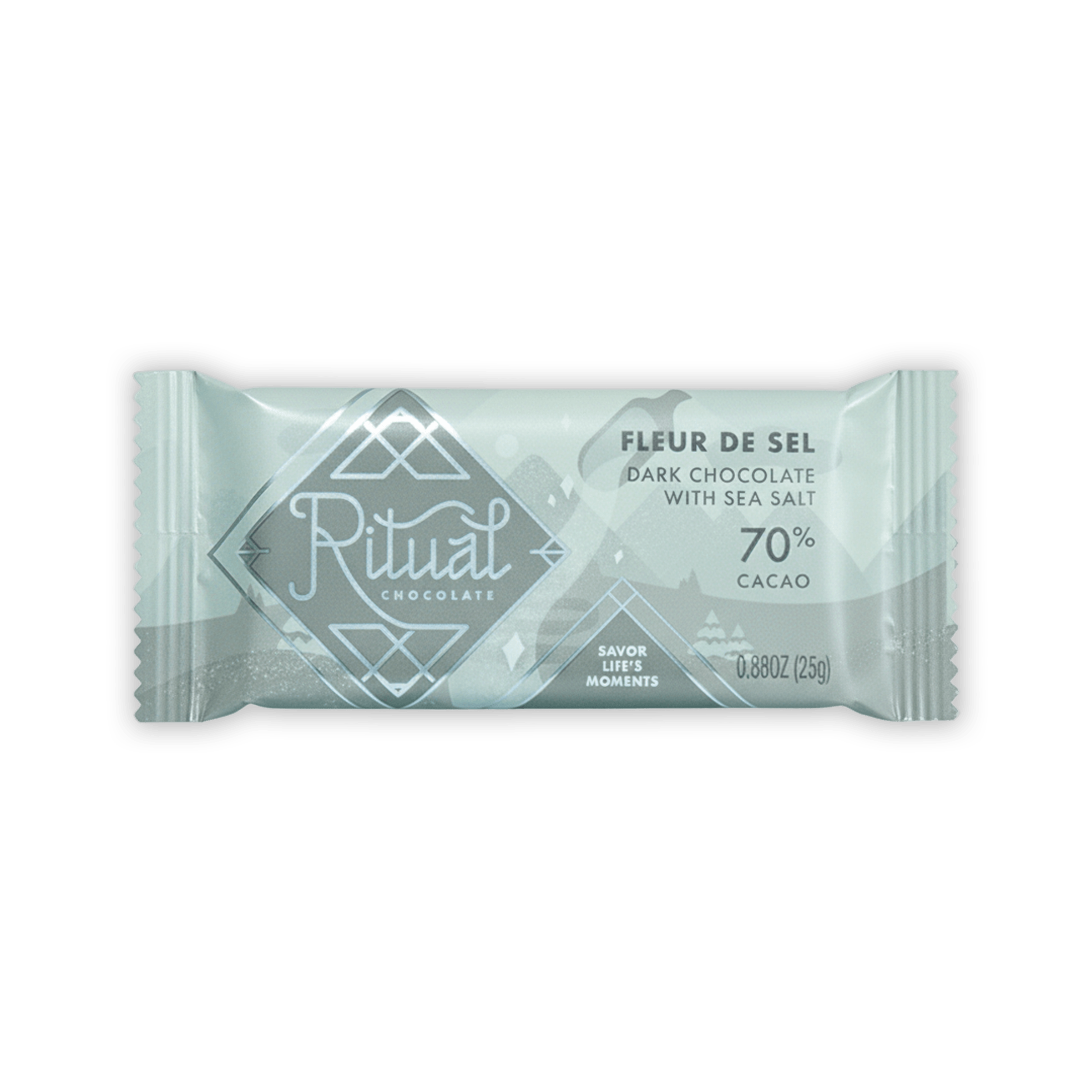 Ritual Mini Bars Fleur de Sel: sleek mint-green wrapped sea salt dark chocolate bar