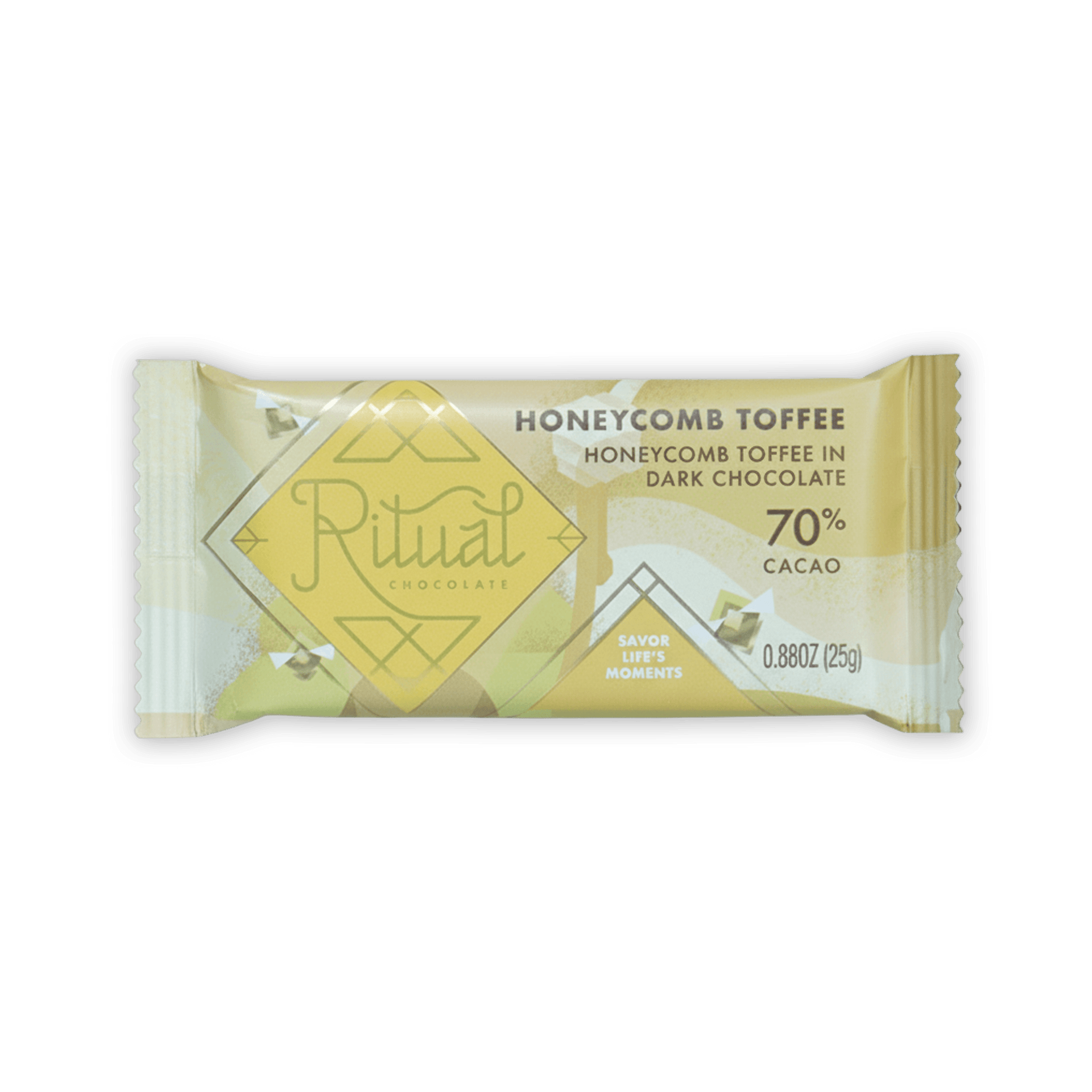 Ritual Mini Bars Honeycomb Toffee in pale yellow white wrap with gold accents