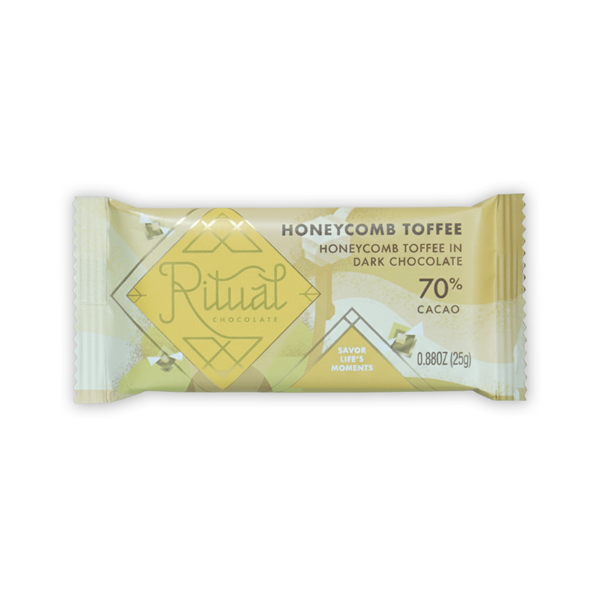 Ritual Mini Bars Honeycomb Toffee in pale yellow white wrap with gold accents