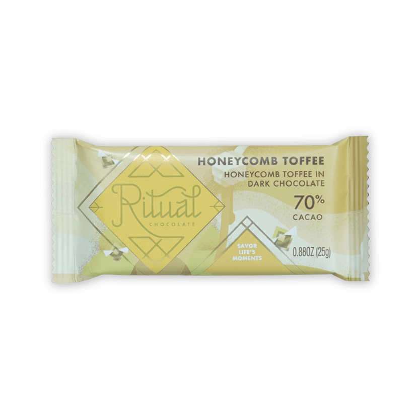 Ritual Mini Bars Honeycomb Toffee in pale yellow white wrap with gold accents