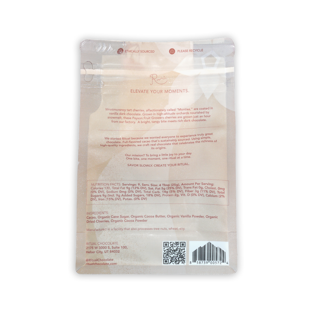 Ritual Vanilla Chocolate Cherries white glossy resealable pouch