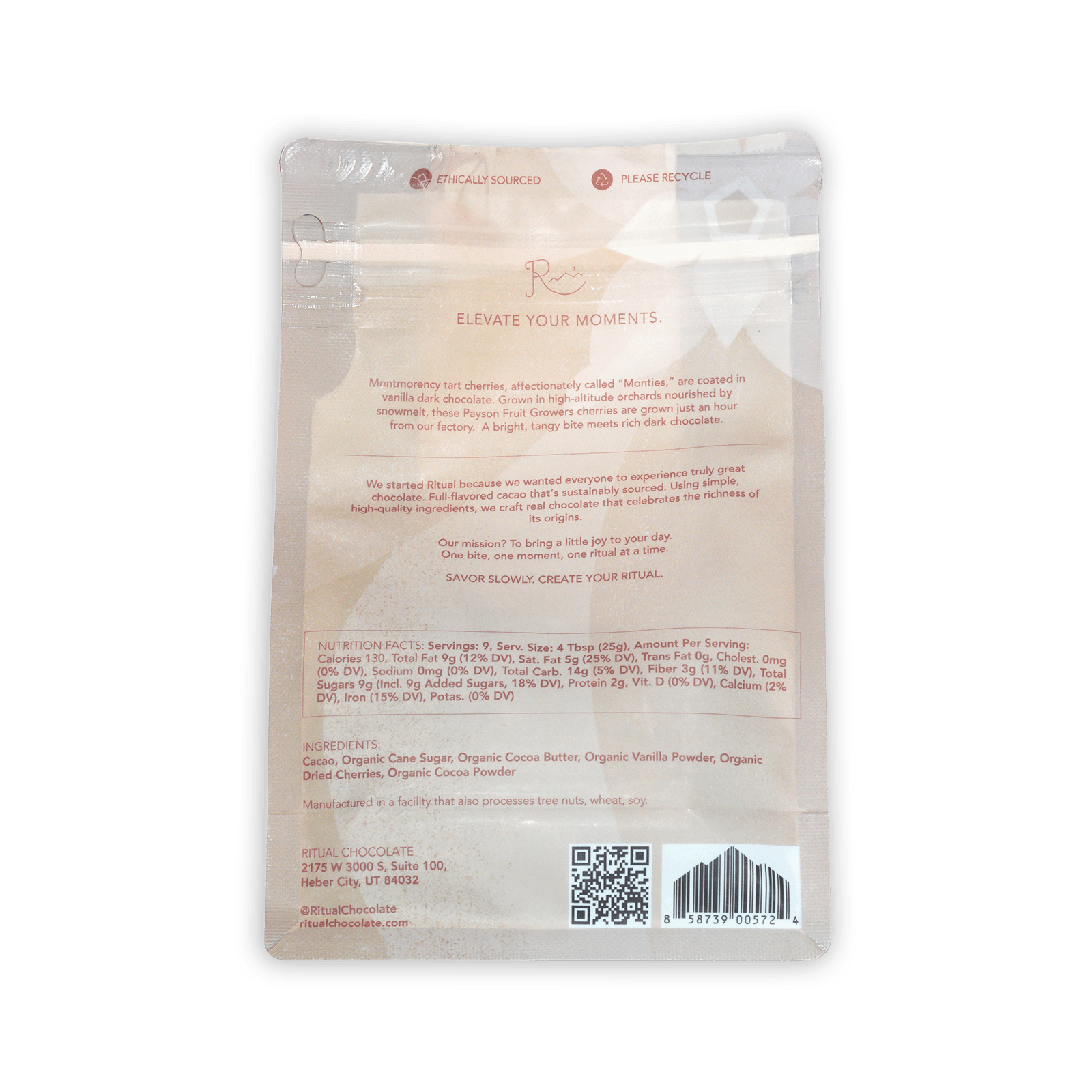 Ritual Vanilla Chocolate Cherries white glossy resealable pouch