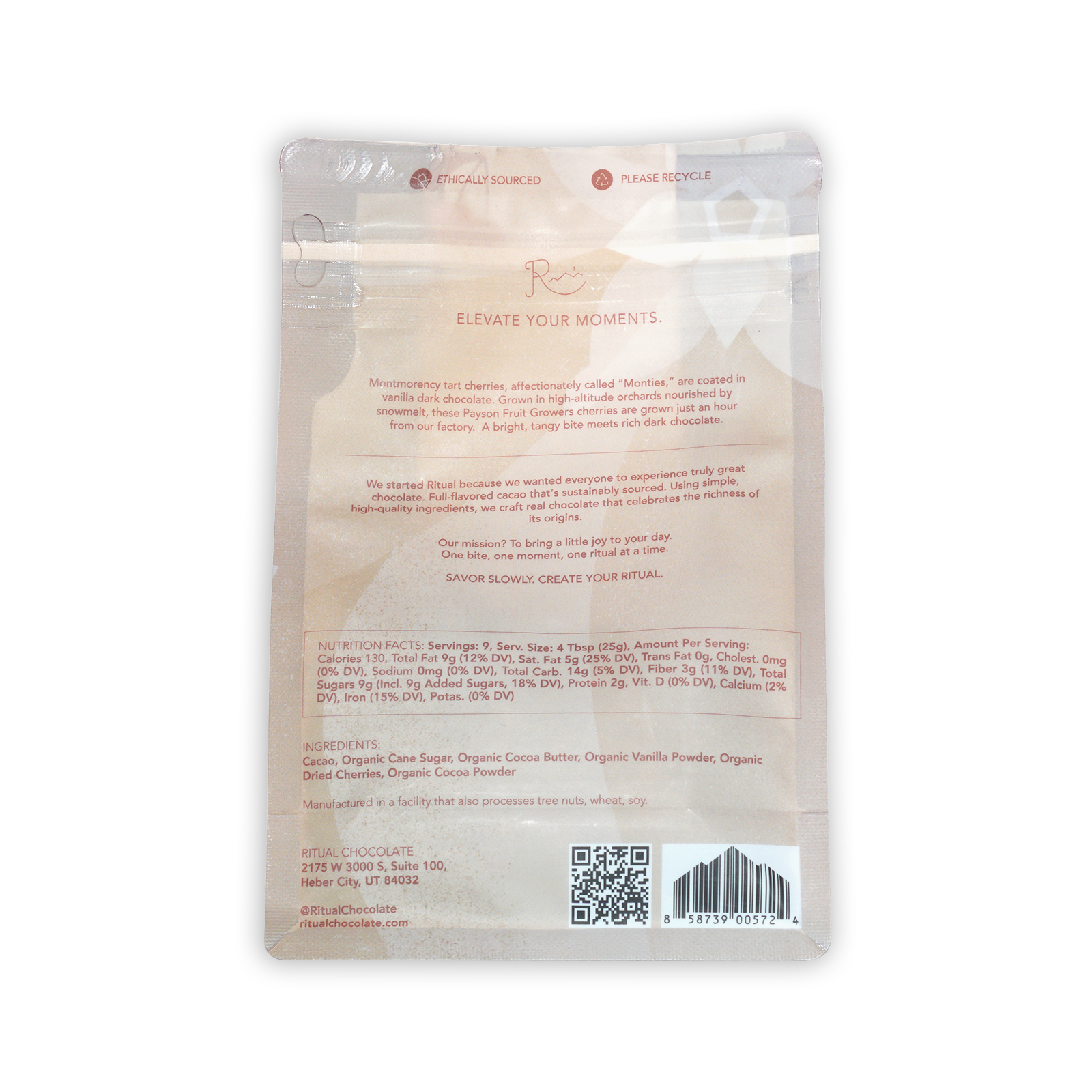 Ritual Vanilla Chocolate Cherries white glossy resealable pouch