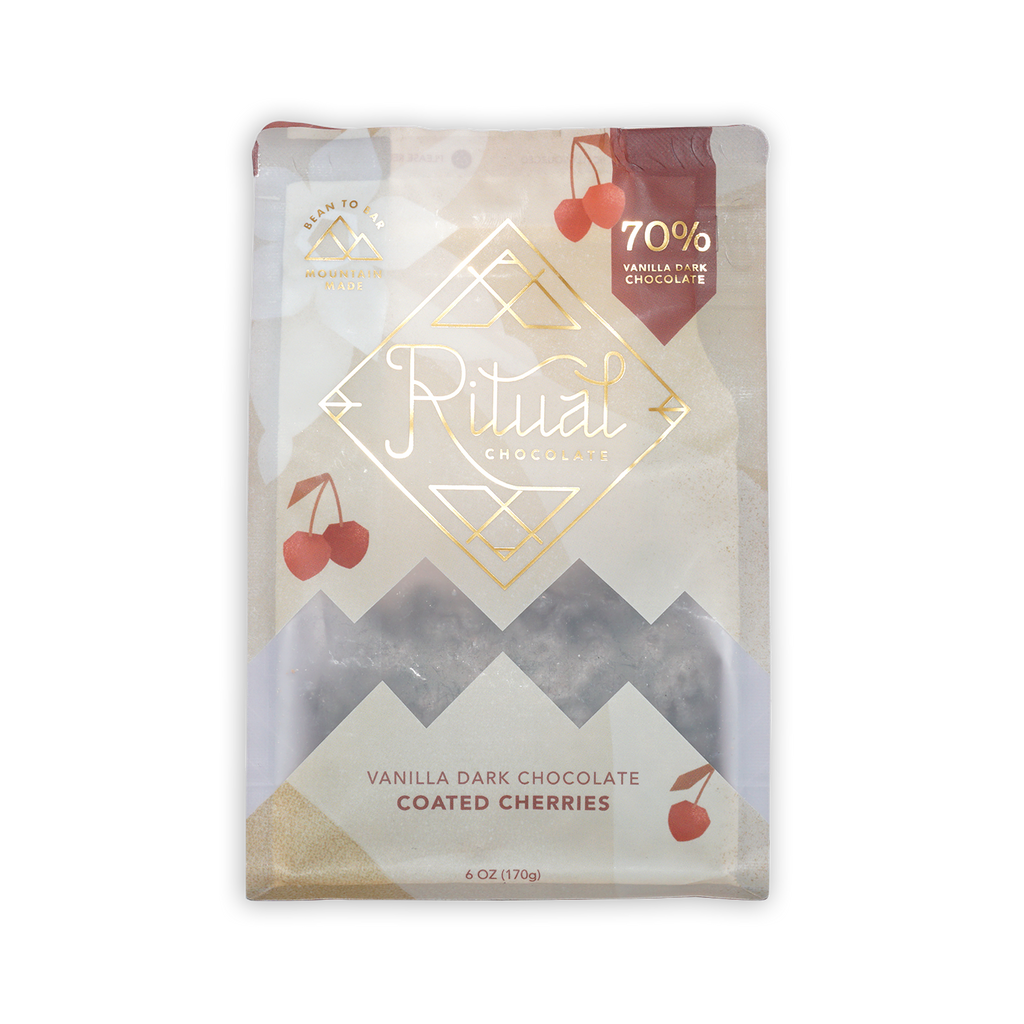 Ritual Vanilla Chocolate Cherries 70% vanilla dark chocolate coated cherries package