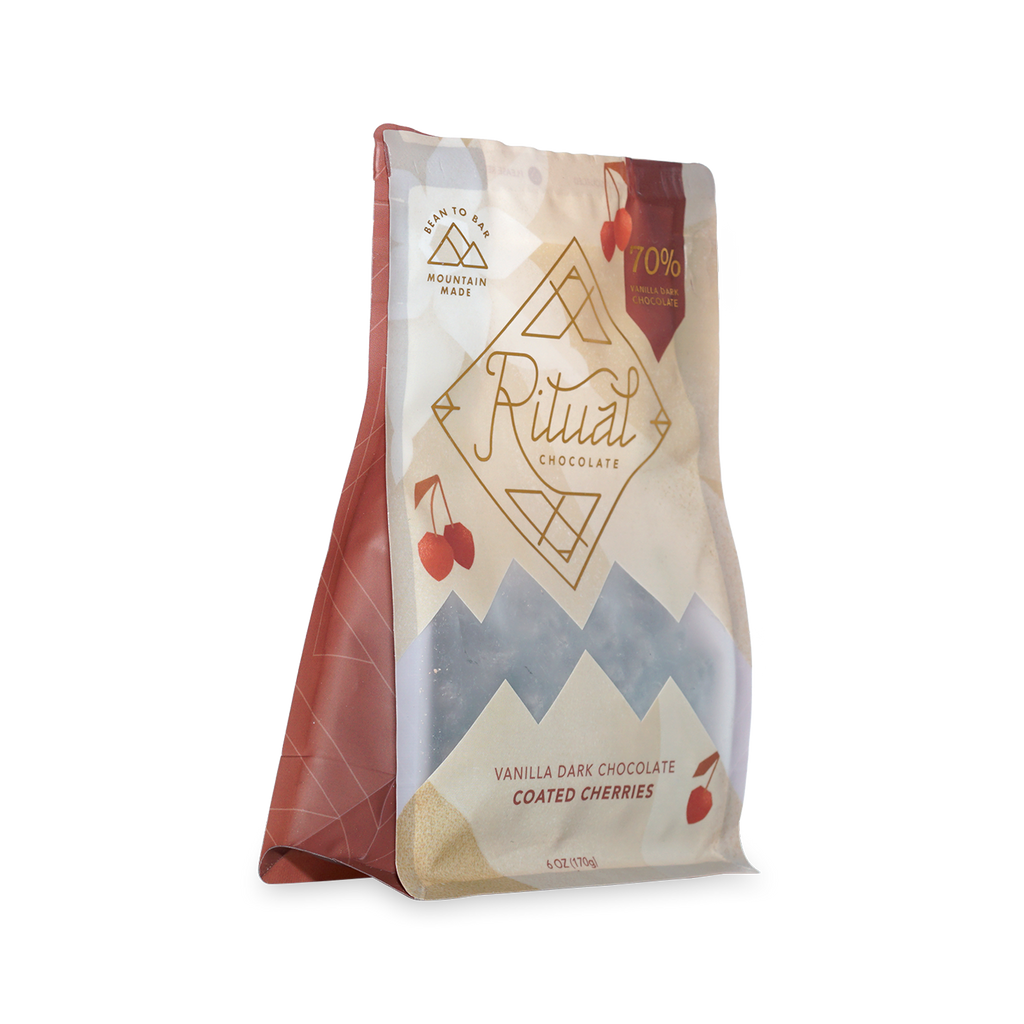 Ritual Vanilla Chocolate Cherries in cream rose bag with mountain design