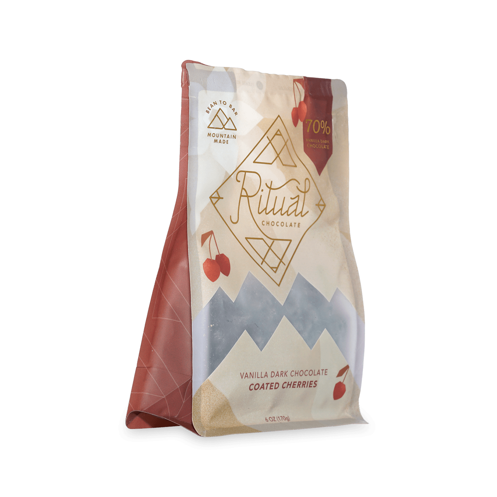 Ritual Vanilla Chocolate Cherries in cream rose bag with mountain design