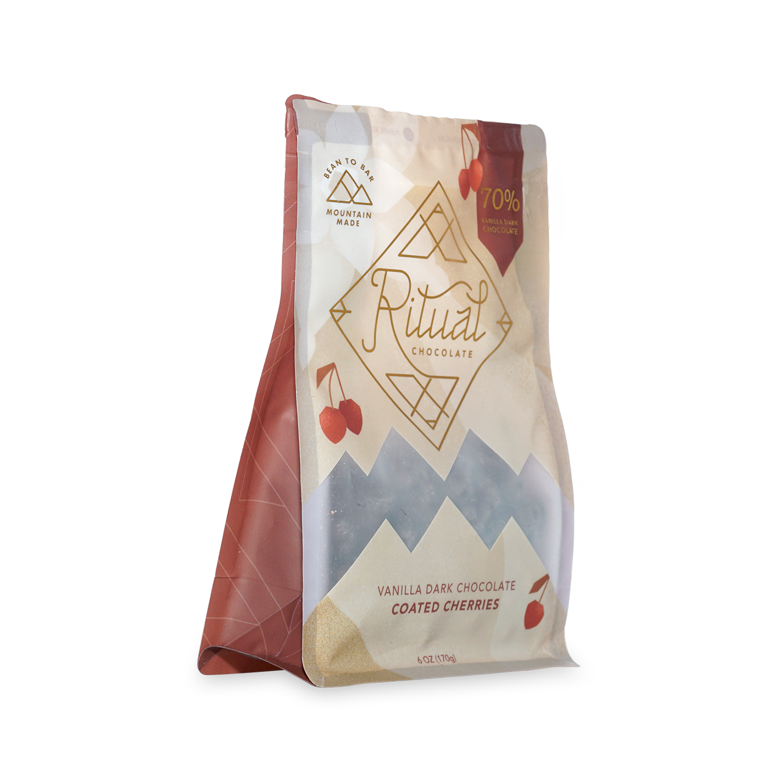 Ritual Vanilla Chocolate Cherries in cream rose bag with mountain design