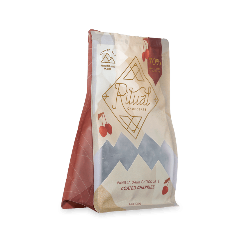 Ritual Vanilla Chocolate Cherries in cream rose bag with mountain design
