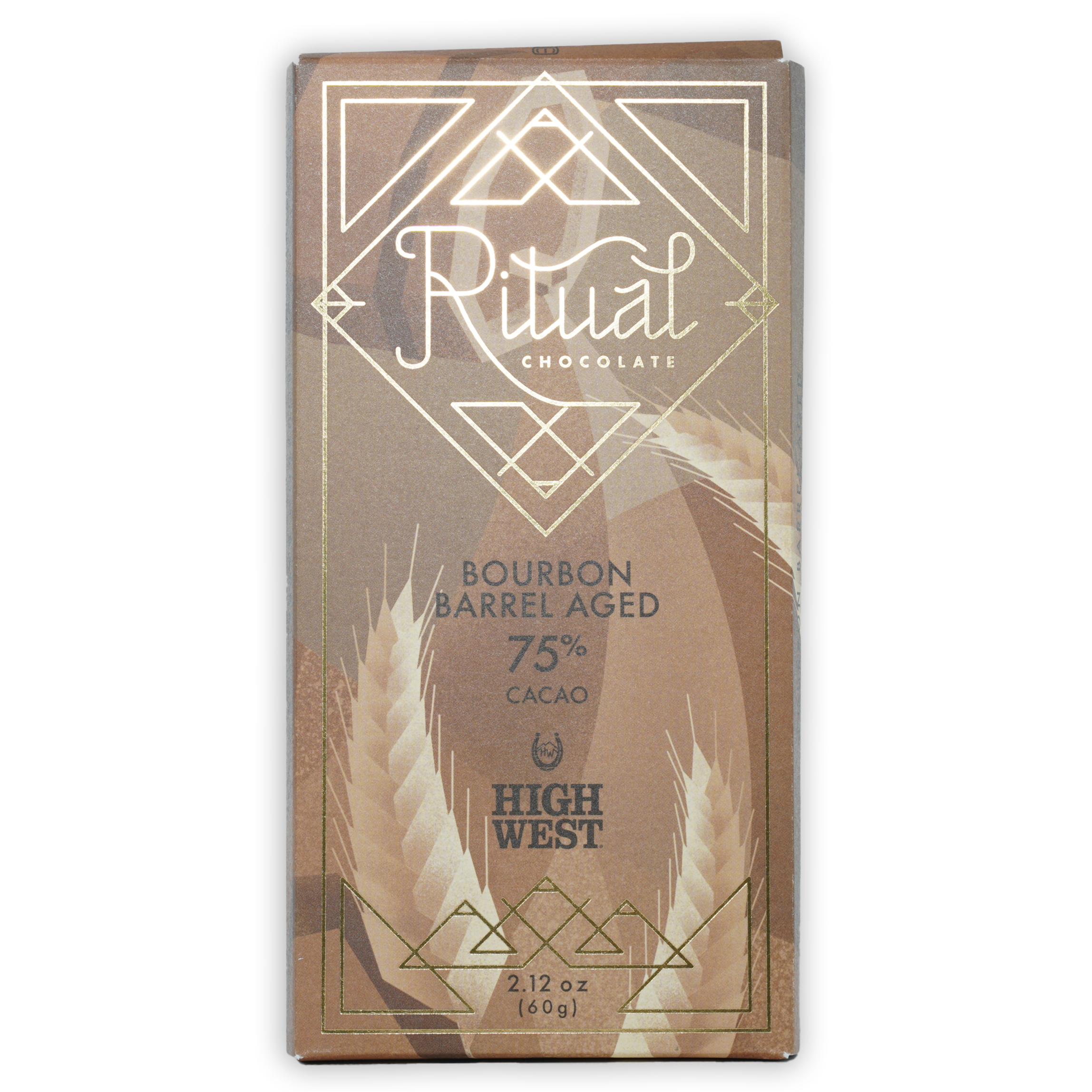 Ritual Bourbon Barrel Aged 75% brown gold foil bar with art deco wheat patterns