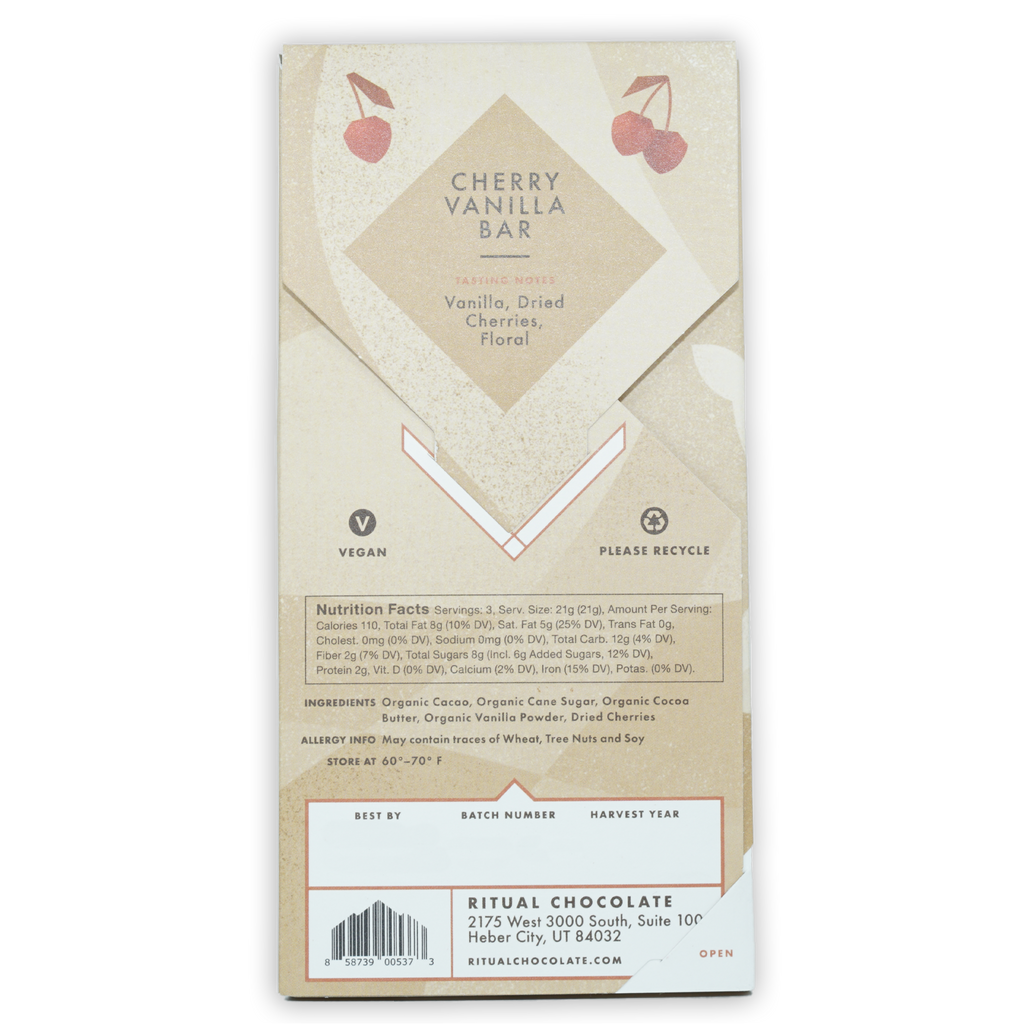 Ritual Dark Cherry Vanilla Bar 70% wrapper with cherry illustrations