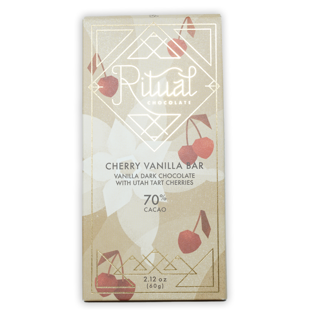 Ritual Dark Cherry Vanilla Bar 70% in beige wrapper with cherries