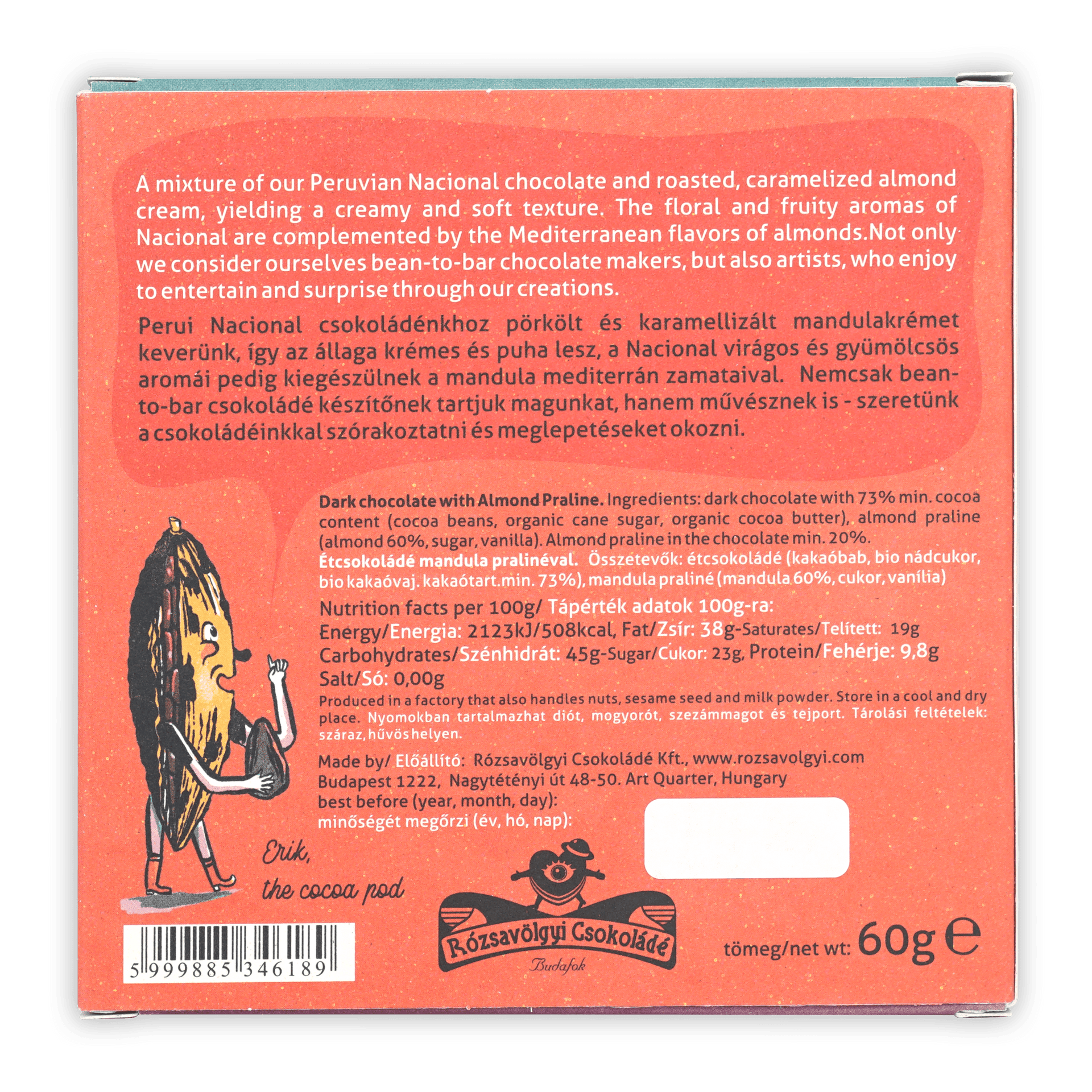 Back of Rózsavölgyi Csokoládé Gianduja Bar box with cocoa pod character