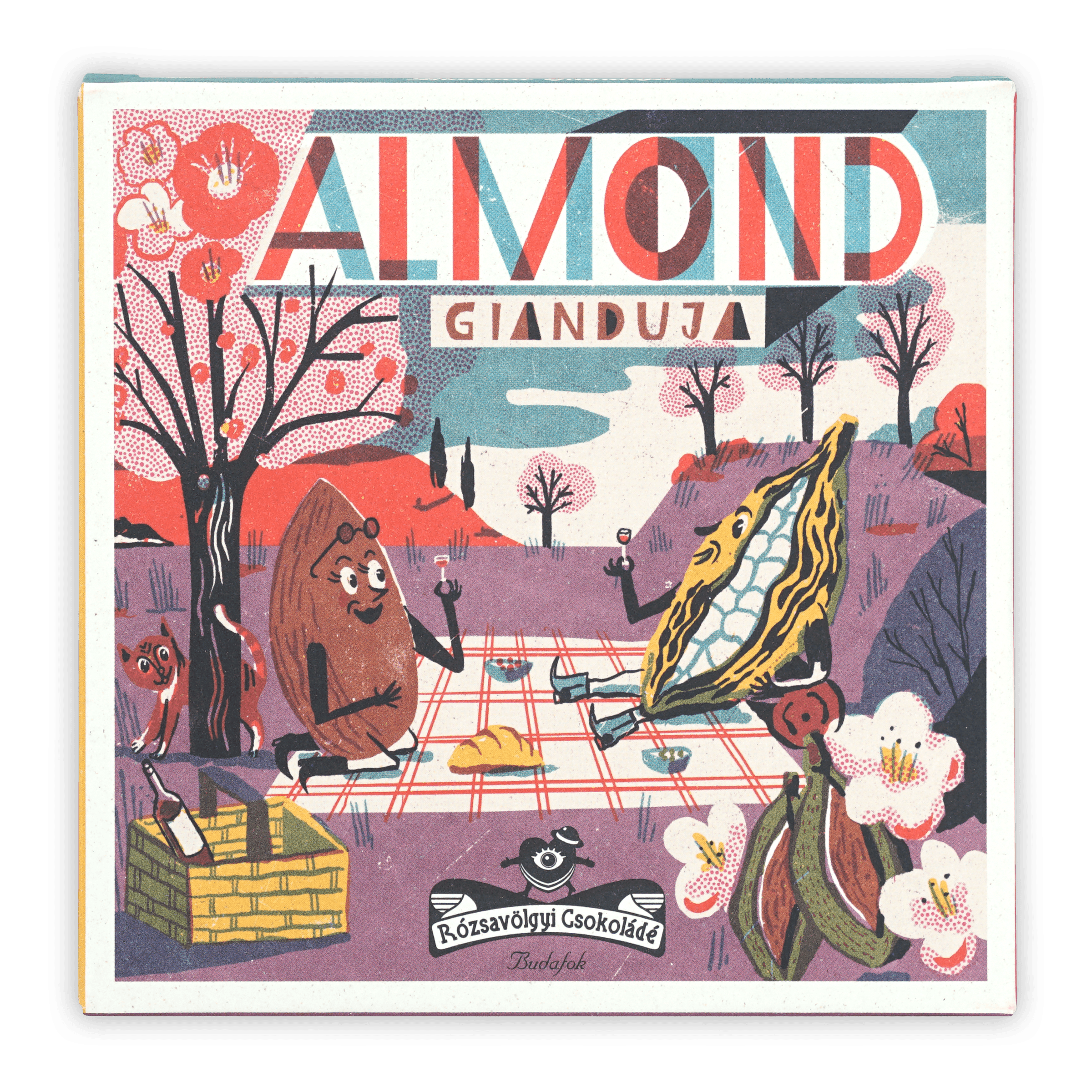 Vibrant retro Rózsavölgyi Csokoládé Gianduja Bar with almond paste picnic scene