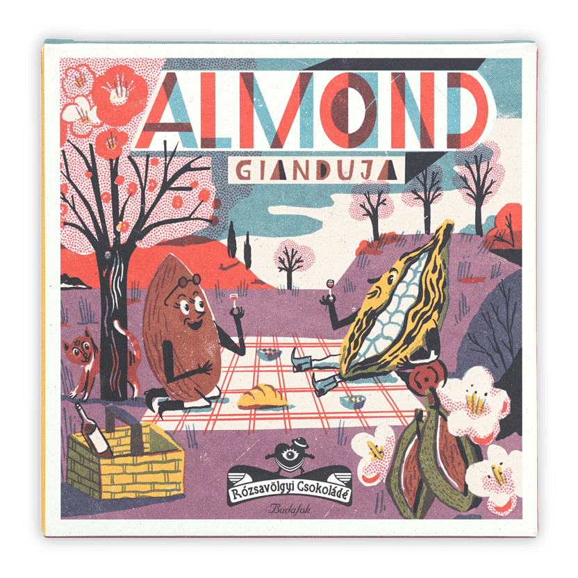 Vibrant retro Rózsavölgyi Csokoládé Gianduja Bar with almond paste picnic scene