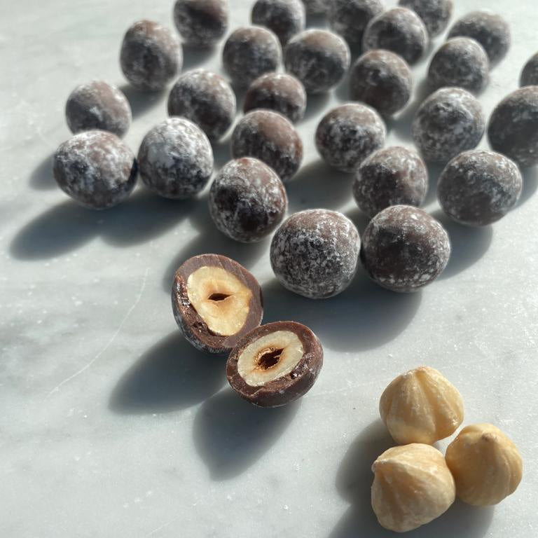 Mirzam Salty Pearls dark chocolate-covered caramelized hazelnuts with frosty coating