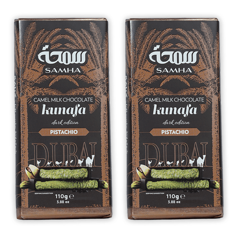 Two Samha Dubai dark edition kunafa pistachio camel milk chocolate bars