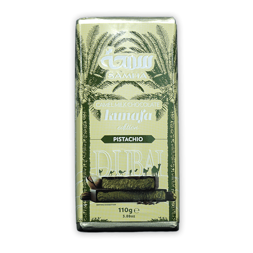 Samha Dubai Chocolate Milk Kunafa Pistachio Bar with green palm wrapper