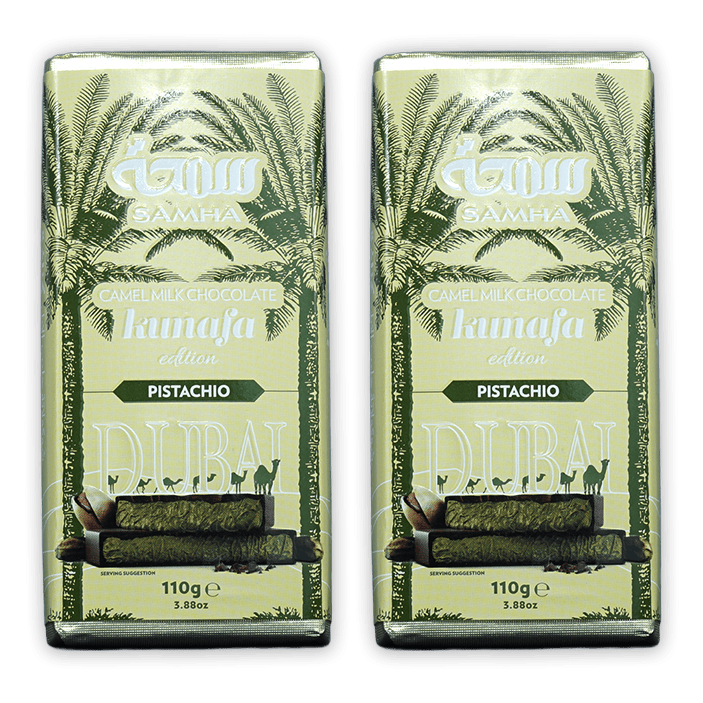 Two Samha Kunafa Pistachio camel milk chocolate bars, 110g each