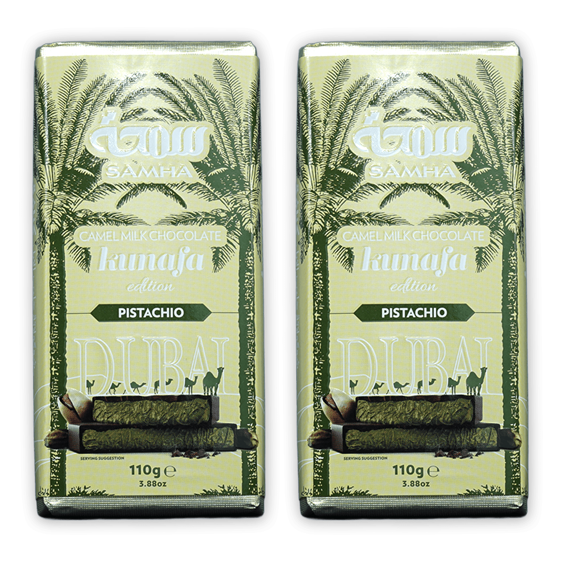 Two Samha Kunafa Pistachio camel milk chocolate bars, 110g each