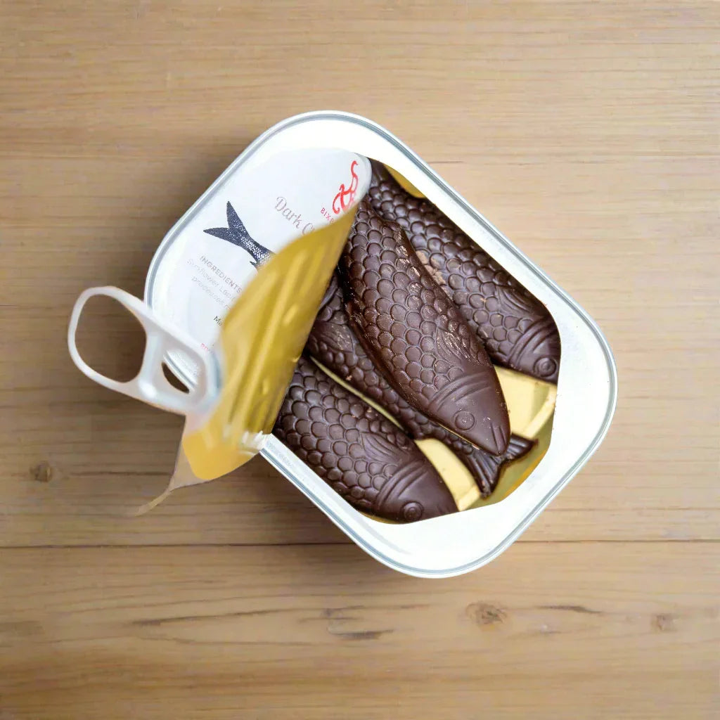 Open Bixby Tinned Dark Chocolate Sardines can with yellow cream fish