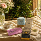 Sending Solace milk chocolate gift bundle, bars and hot chocolate by a teacup.