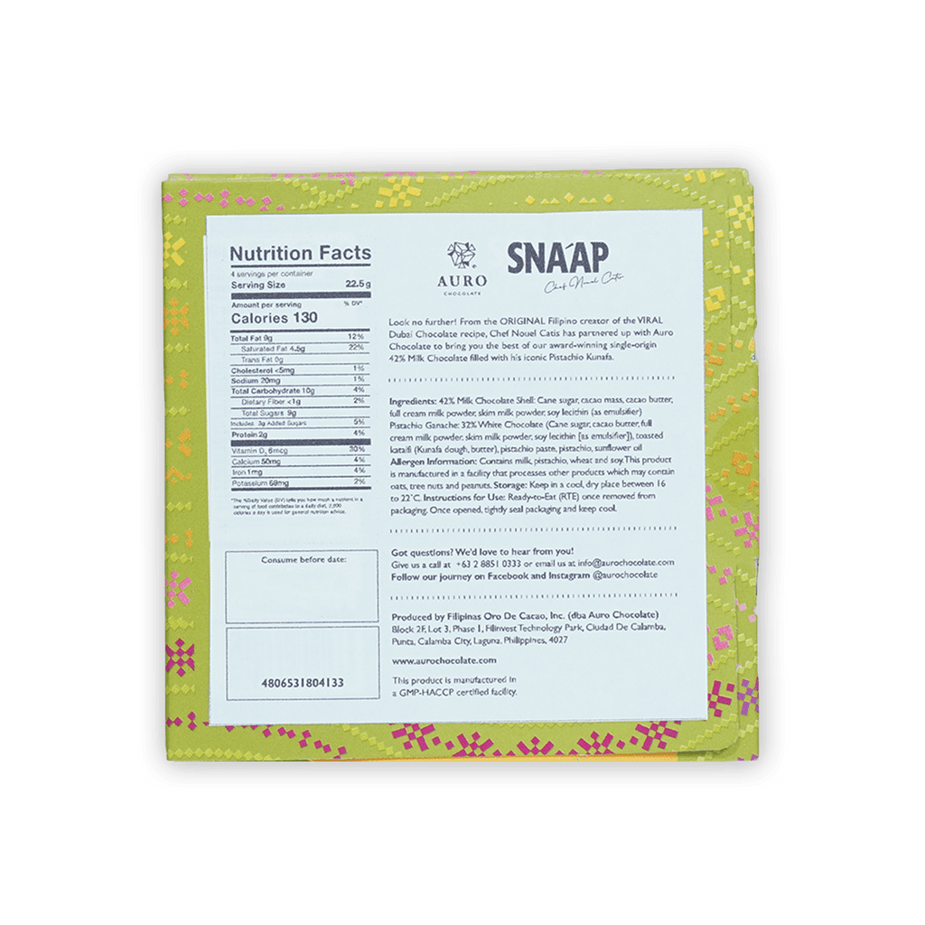 Back of SNAAP Dubai Milk Chocolate 42% bar by Auro in vibrant green pink box