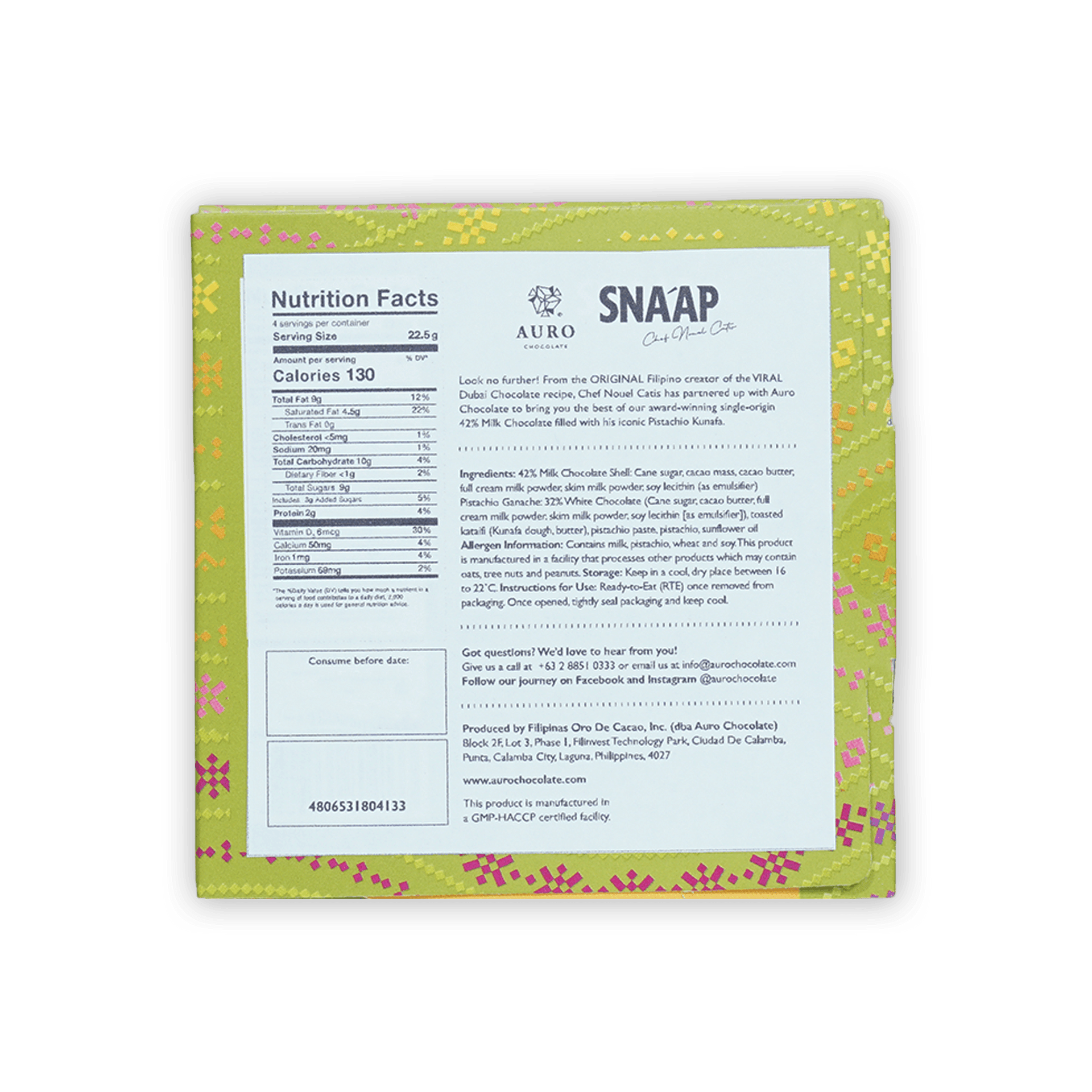 Back of SNAAP Dubai Milk Chocolate 42% bar by Auro in vibrant green pink box