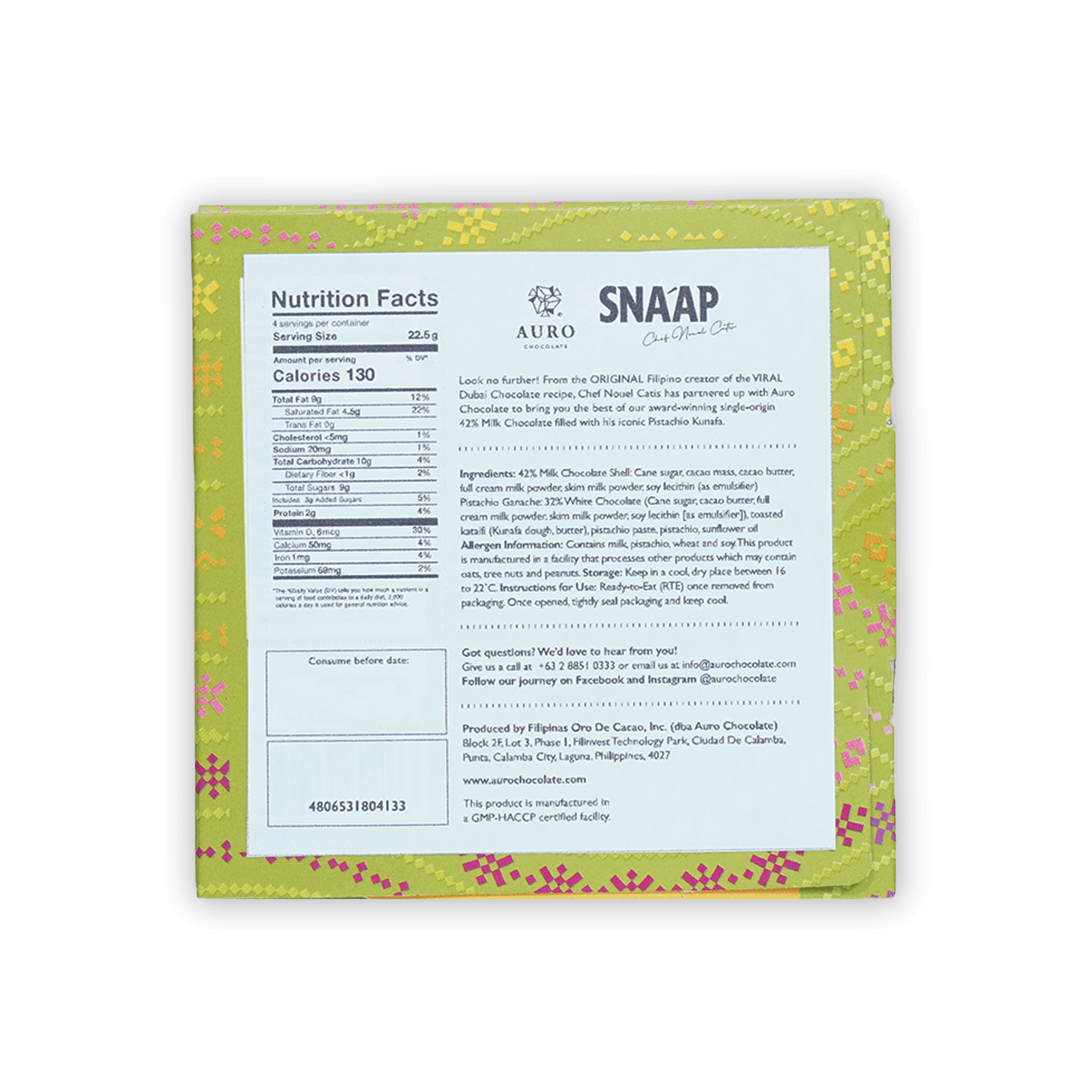 Back of SNAAP Dubai Milk Chocolate 42% bar by Auro in vibrant green pink box