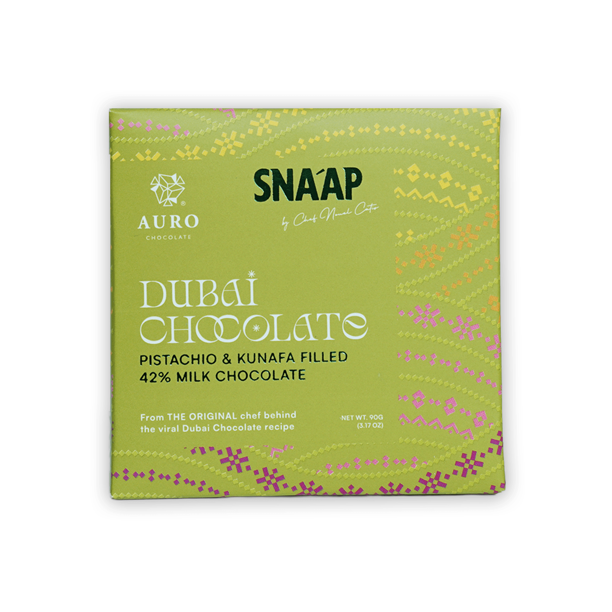 Snaap by Auro 42% milk chocolate box with pistachio kunafa filling