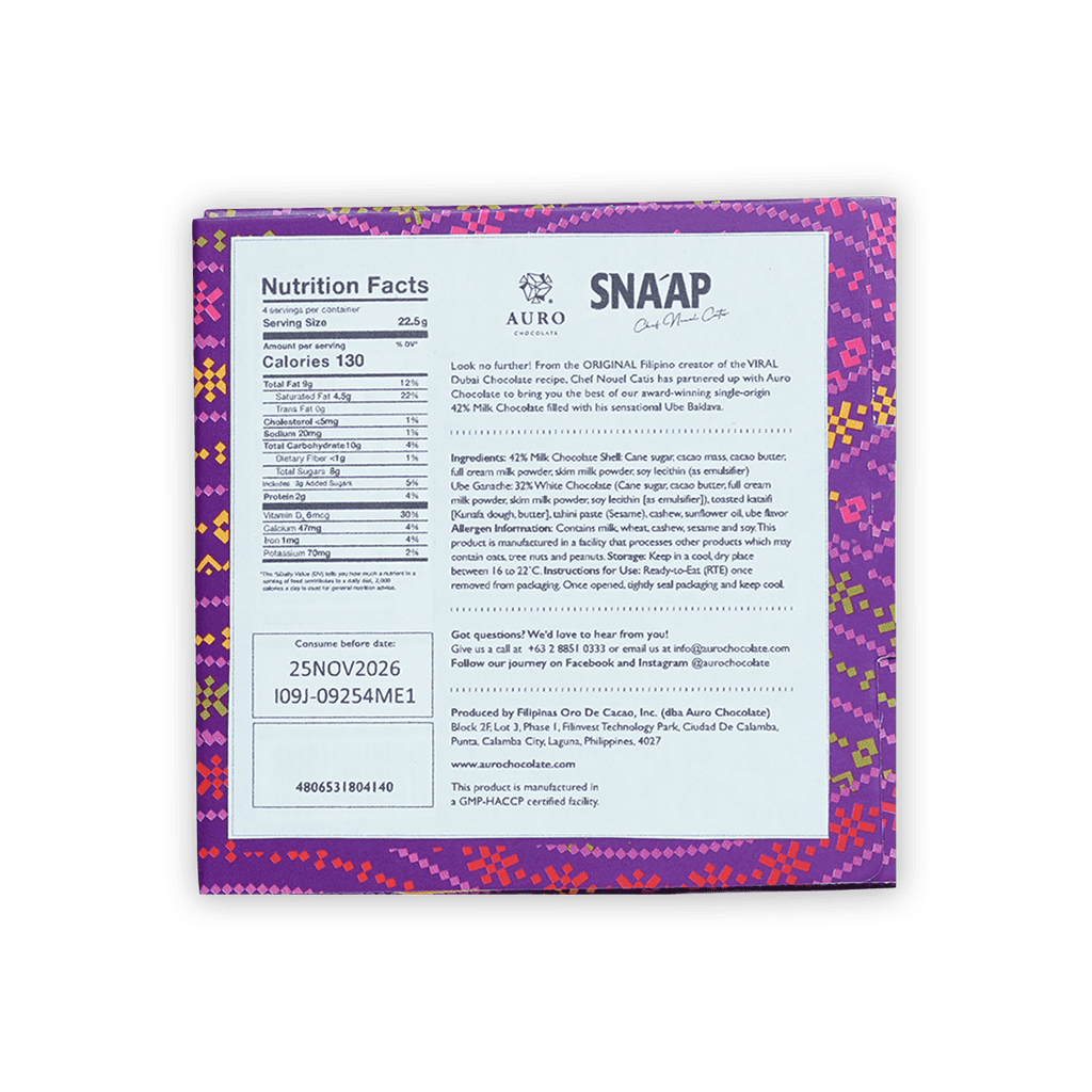 Snaap Manila Ube Ganache milk chocolate bar 42% by Auro in purple pink box