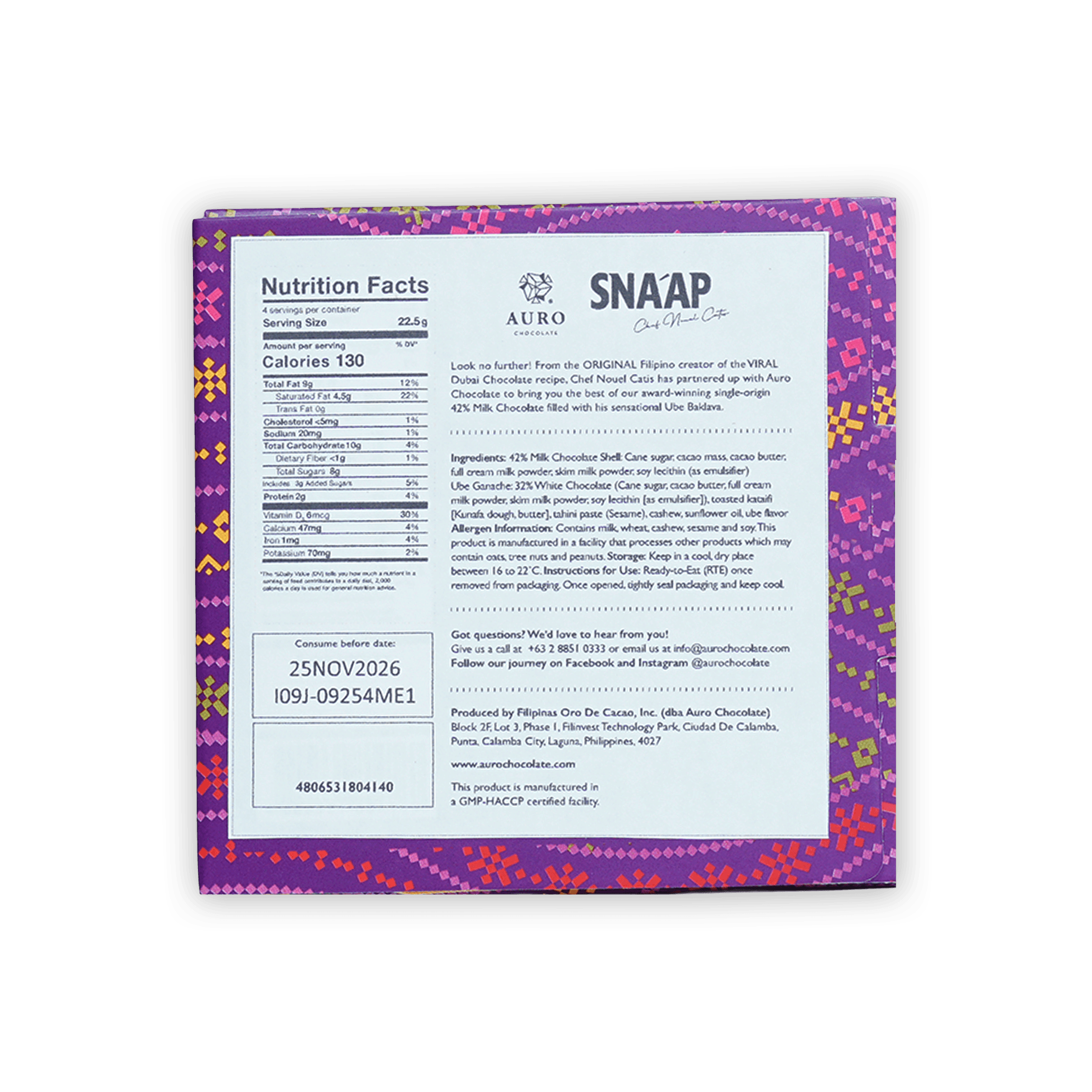 Snaap Manila Ube Ganache milk chocolate bar 42% by Auro in purple pink box