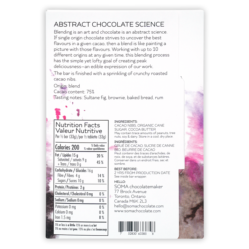 Back of Soma Abstract Chocolate Science 75% white package with pink-purple splatters