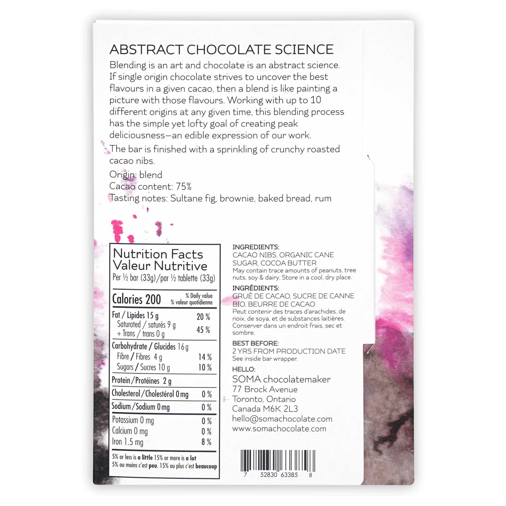 Back of Soma Abstract Chocolate Science 75% white package with pink-purple splatters
